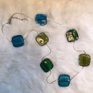 10,000 Villages Blue Green Glass Tile Necklace